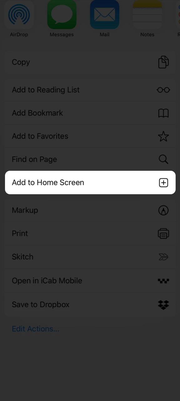 Choose the Add to Home Screen option to add 1win to your device.
