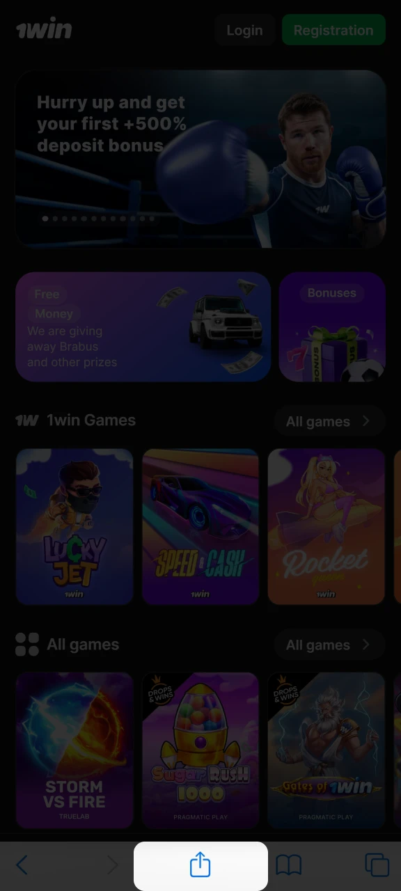 Click Share to open the menu and add the 1win shortcut.