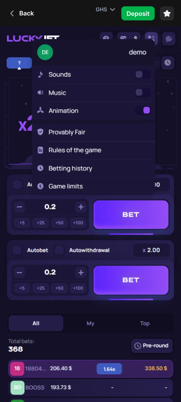 Change the settings in the Lucky Jet game at 1win casino.