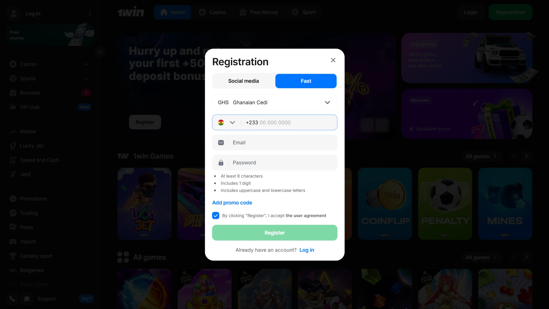 You can register at 1win via social networks or by phone number.