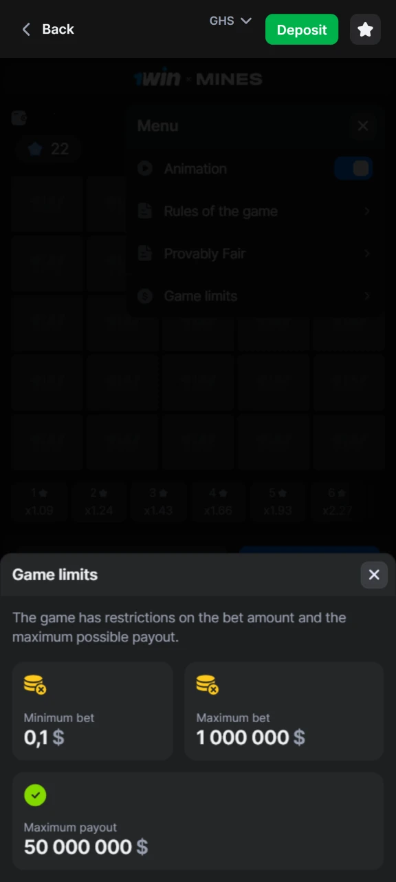 Check out the limits for the Mines game on the 1win platform.