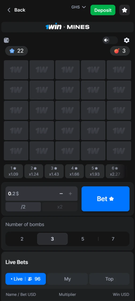 Start playing the Mines game from the 1win provider.