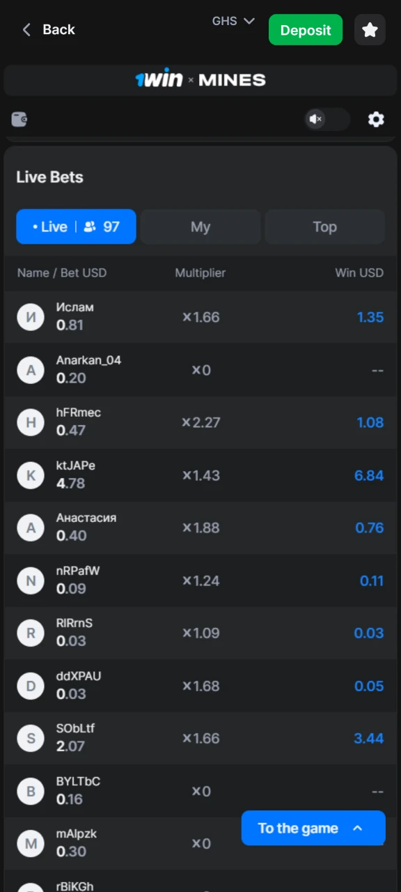 View statistics for the Mines game at 1win casino.