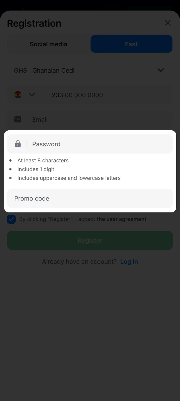 Come up with a strong password for your 1win account and enter a promo code.