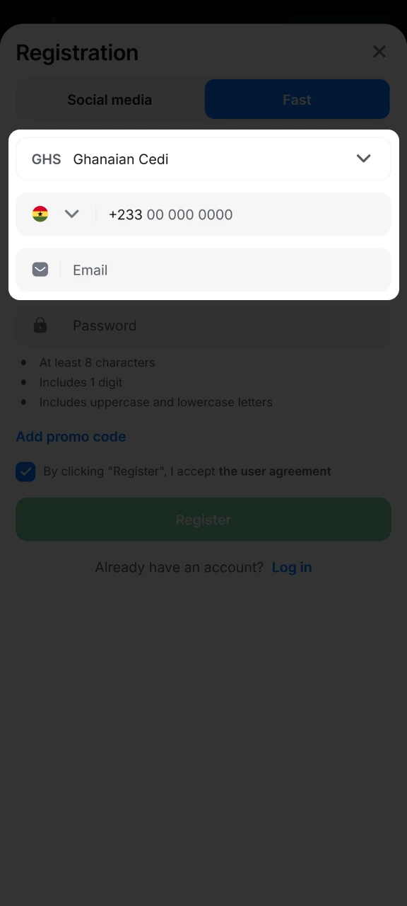 Add your phone number and email address to continue registering at 1win.