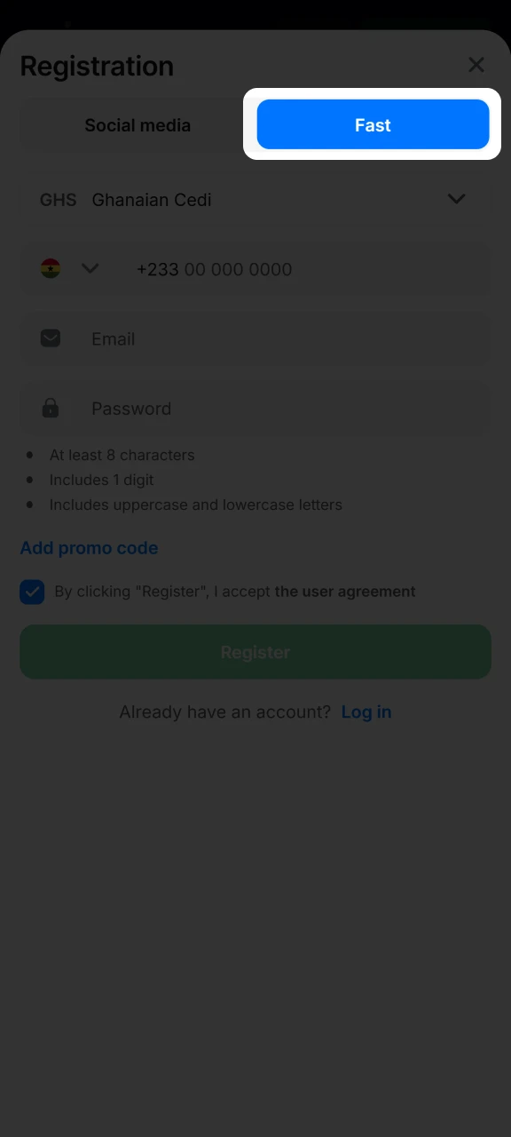 Select the tab for quick registration on the 1win platform.