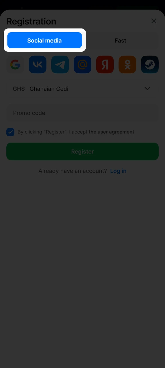 Register on the 1win platform via your social networks.
