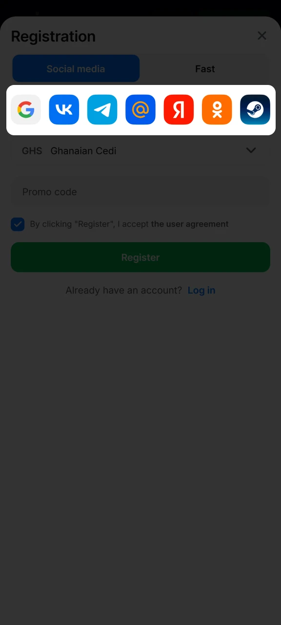 Select a social network to authorise yourself at 1win.