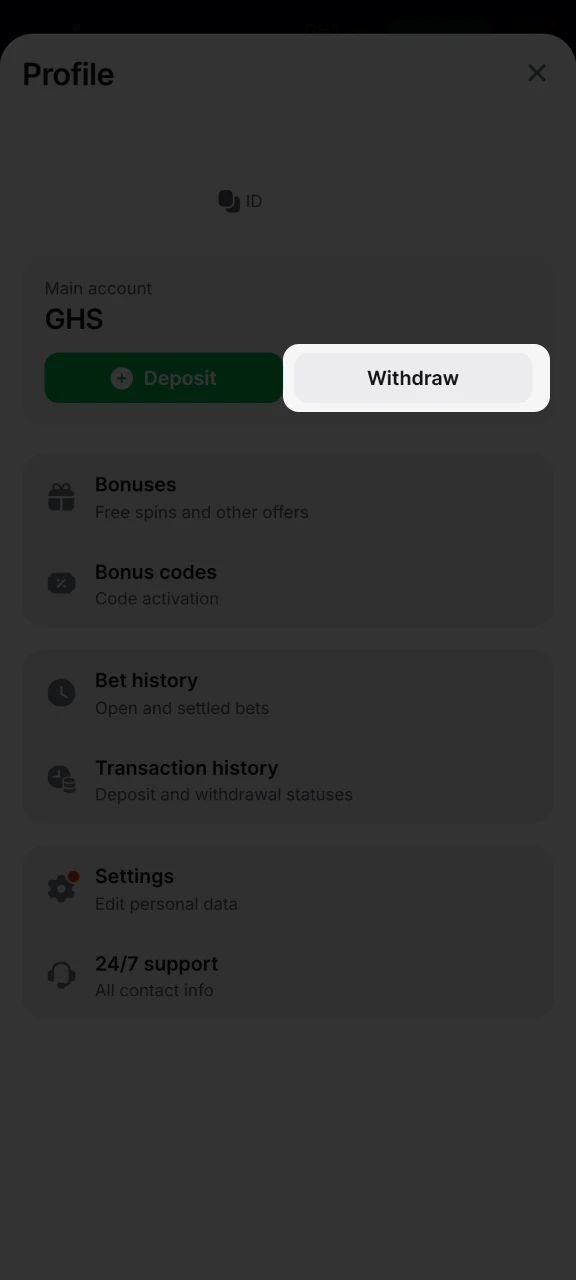 Open the withdrawal section on the 1win platform.