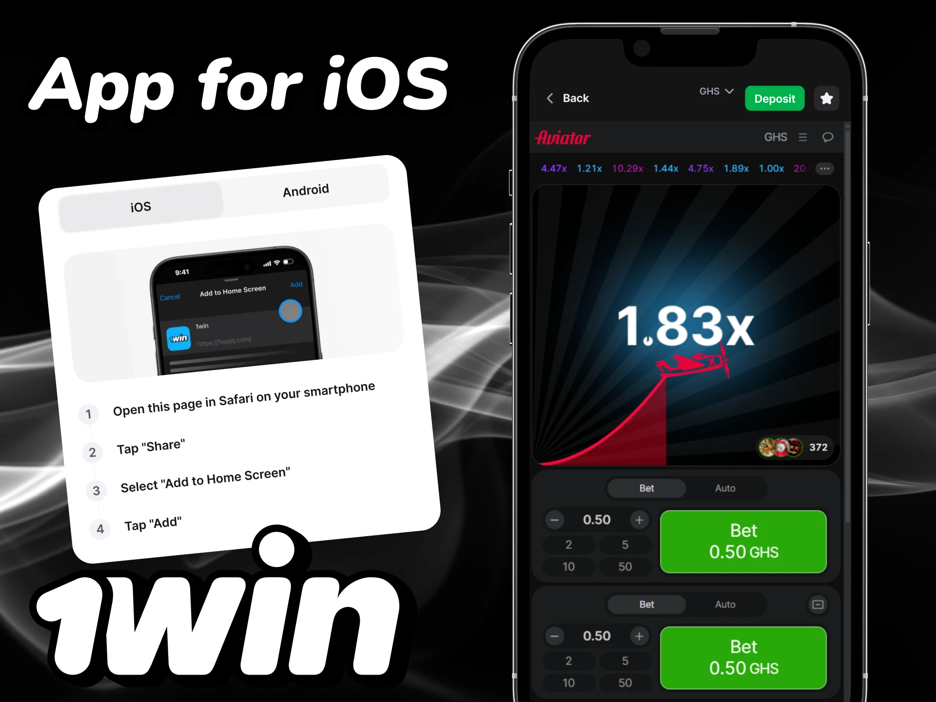 Play Aviator in the 1win app for iOS.