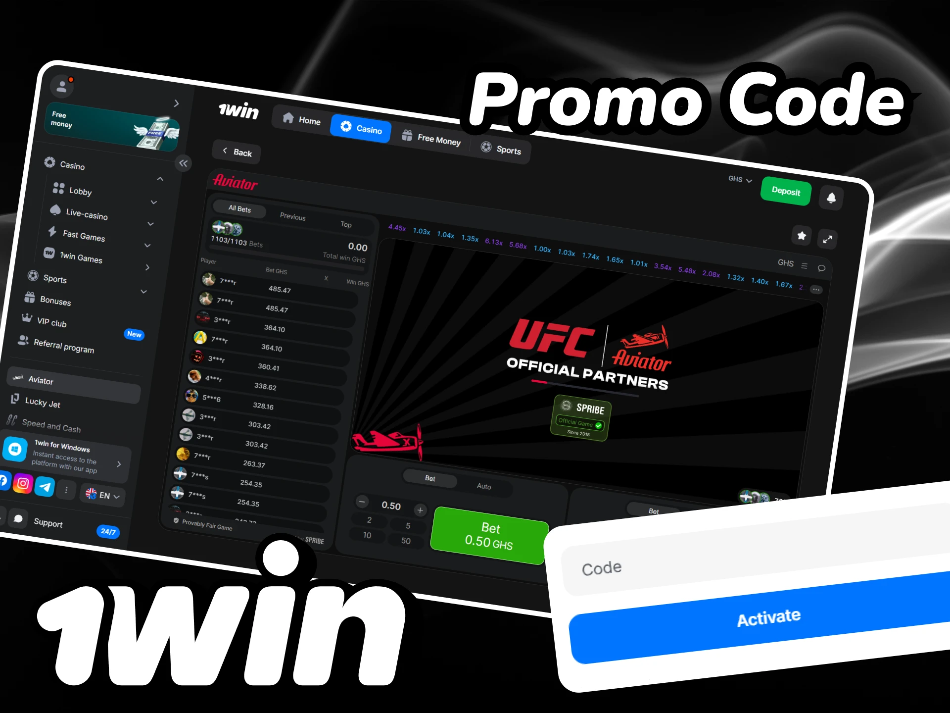 Use the promo code for Aviator players on the 1win platform.