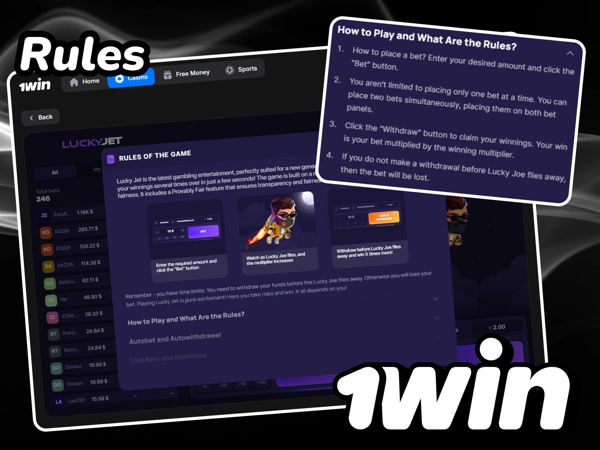 Familiarize yourself with the rules of Lucky Jet, available on the 1win website.