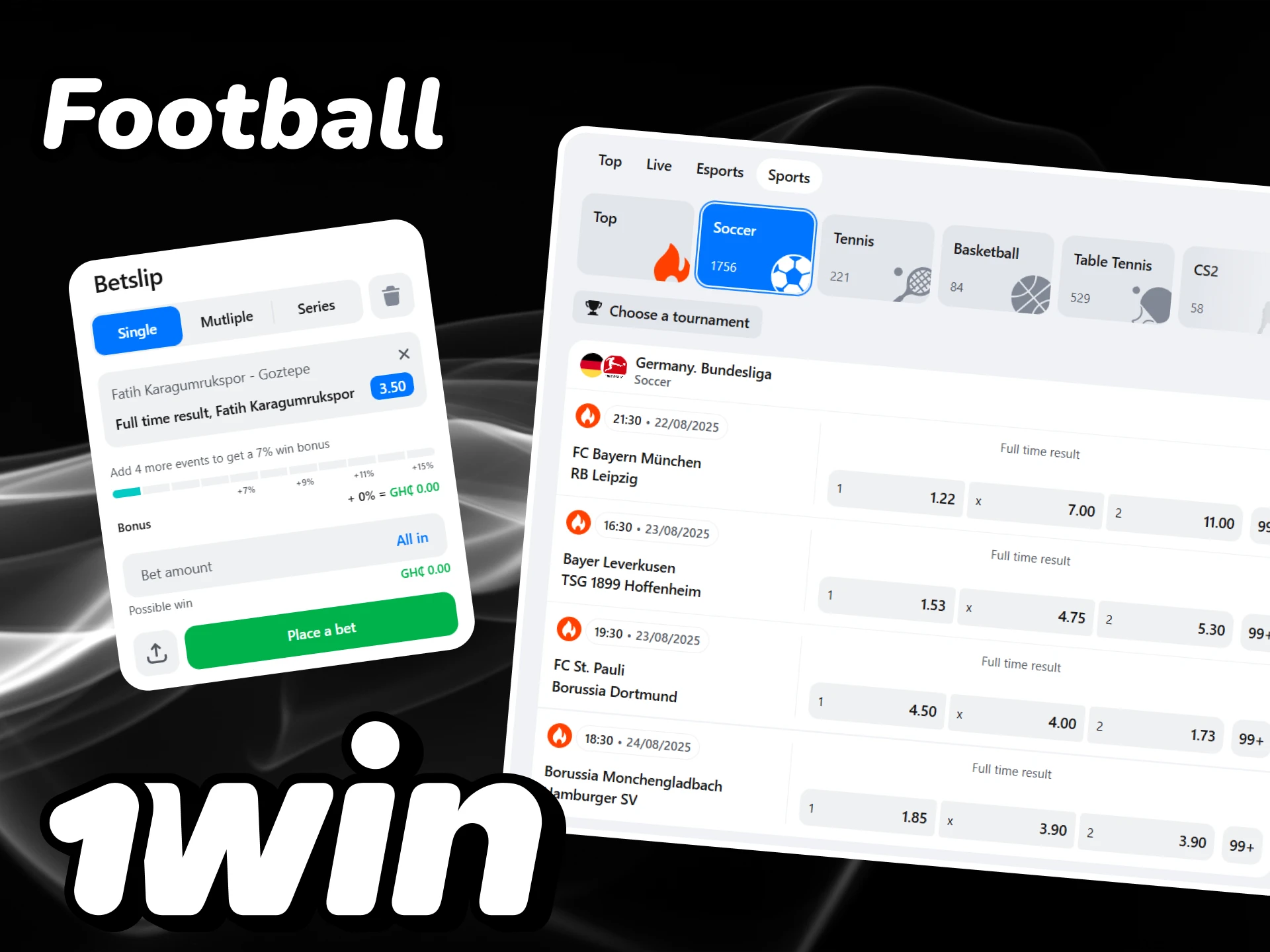 Select the football match you want to bet on at 1win.