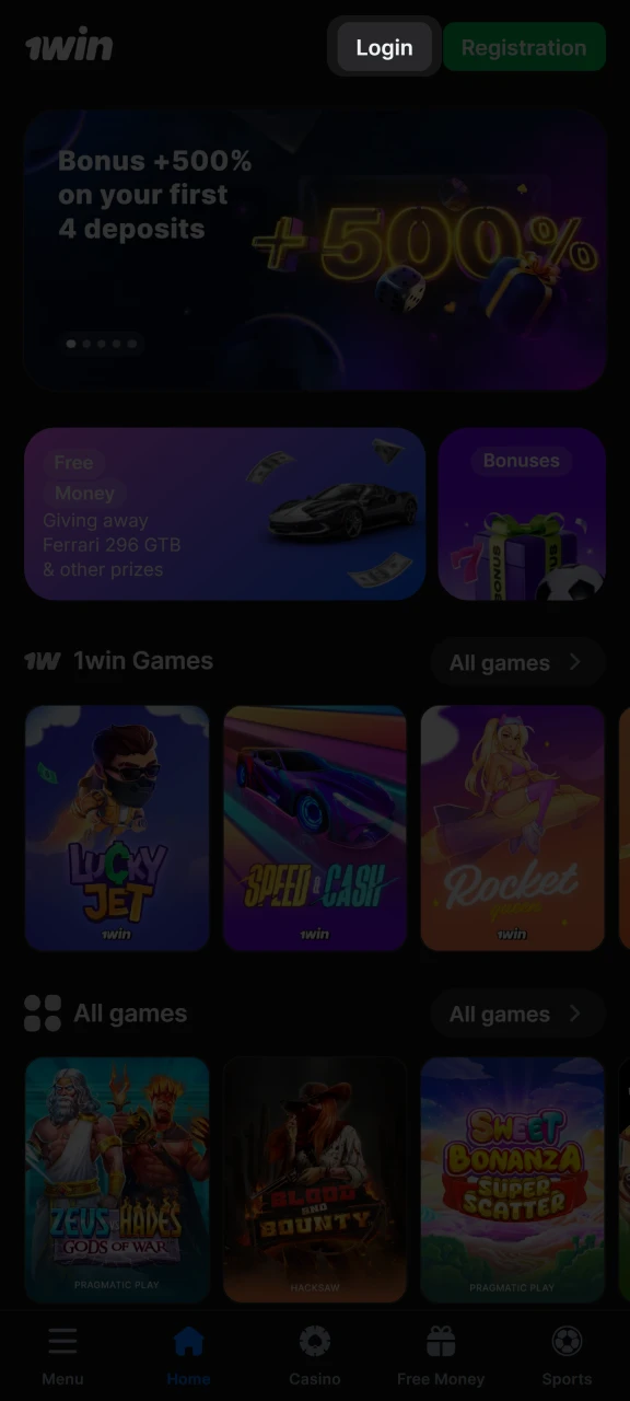 Click on the Login button to open the form and log in to your 1win account.