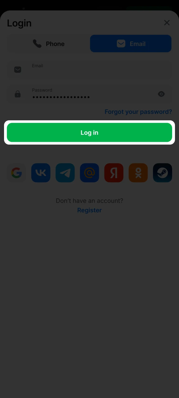 Log in to your 1win account with your login details.