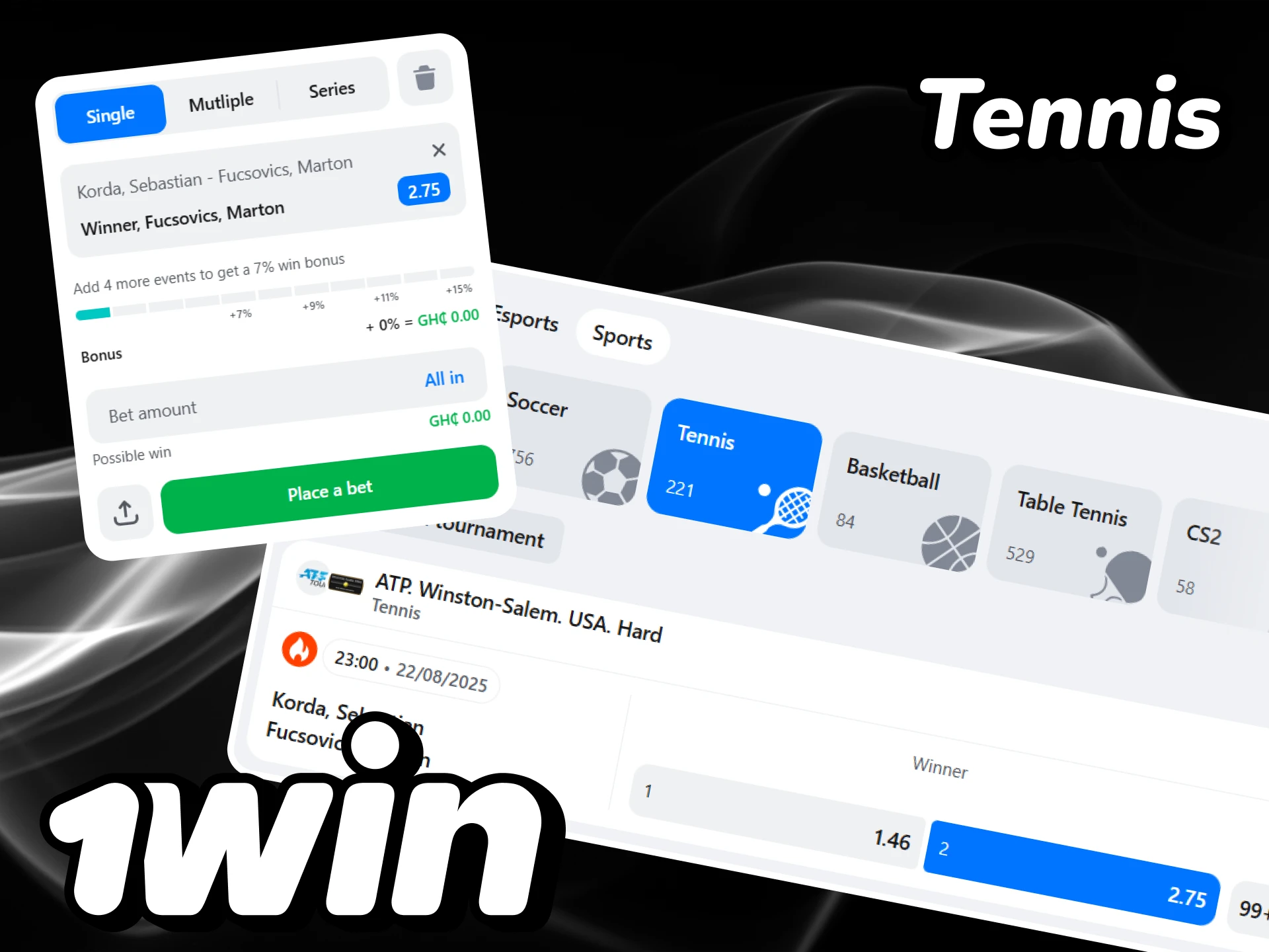 Place your tennis bets at 1win and start winning money.