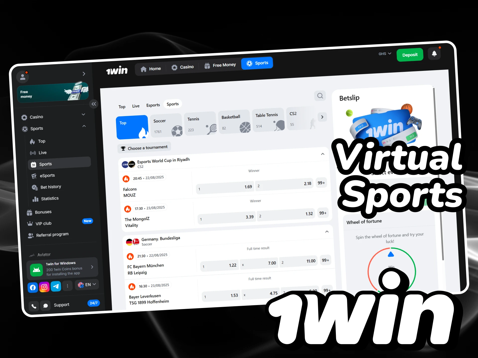 You can bet on virtual sports at 1win.