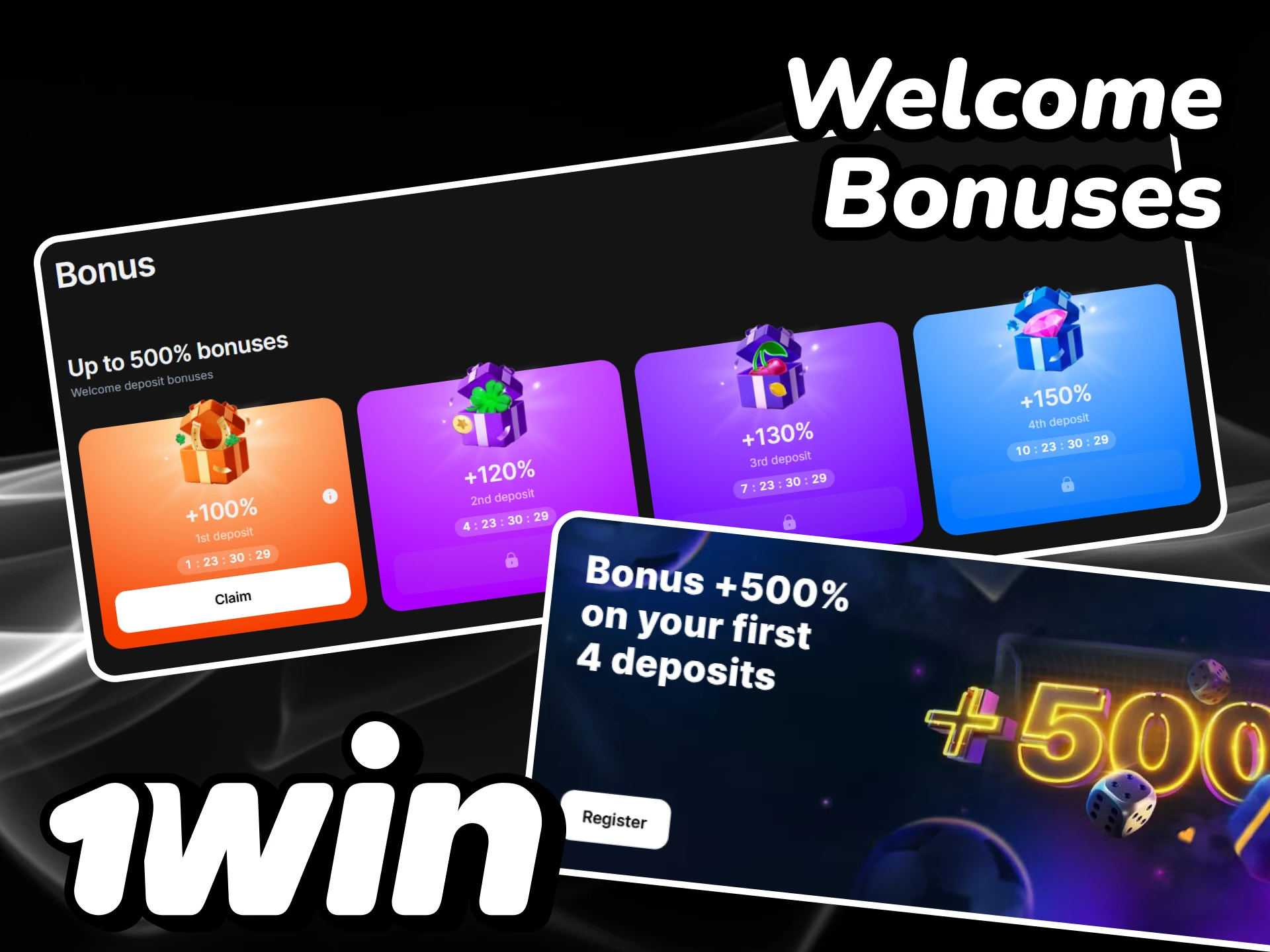 Receive welcome bonuses from 1win after registration.