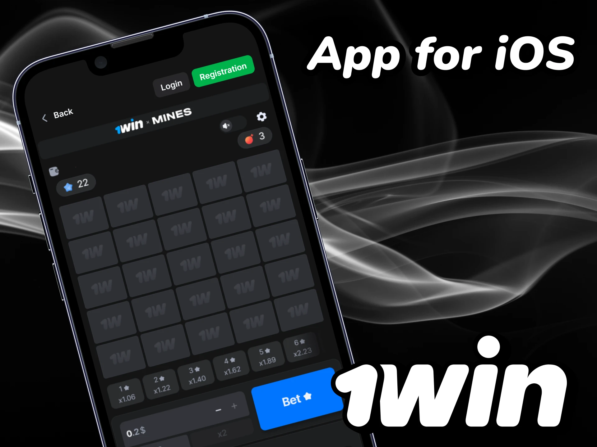 Play the 1win Mines game on your iOS device.