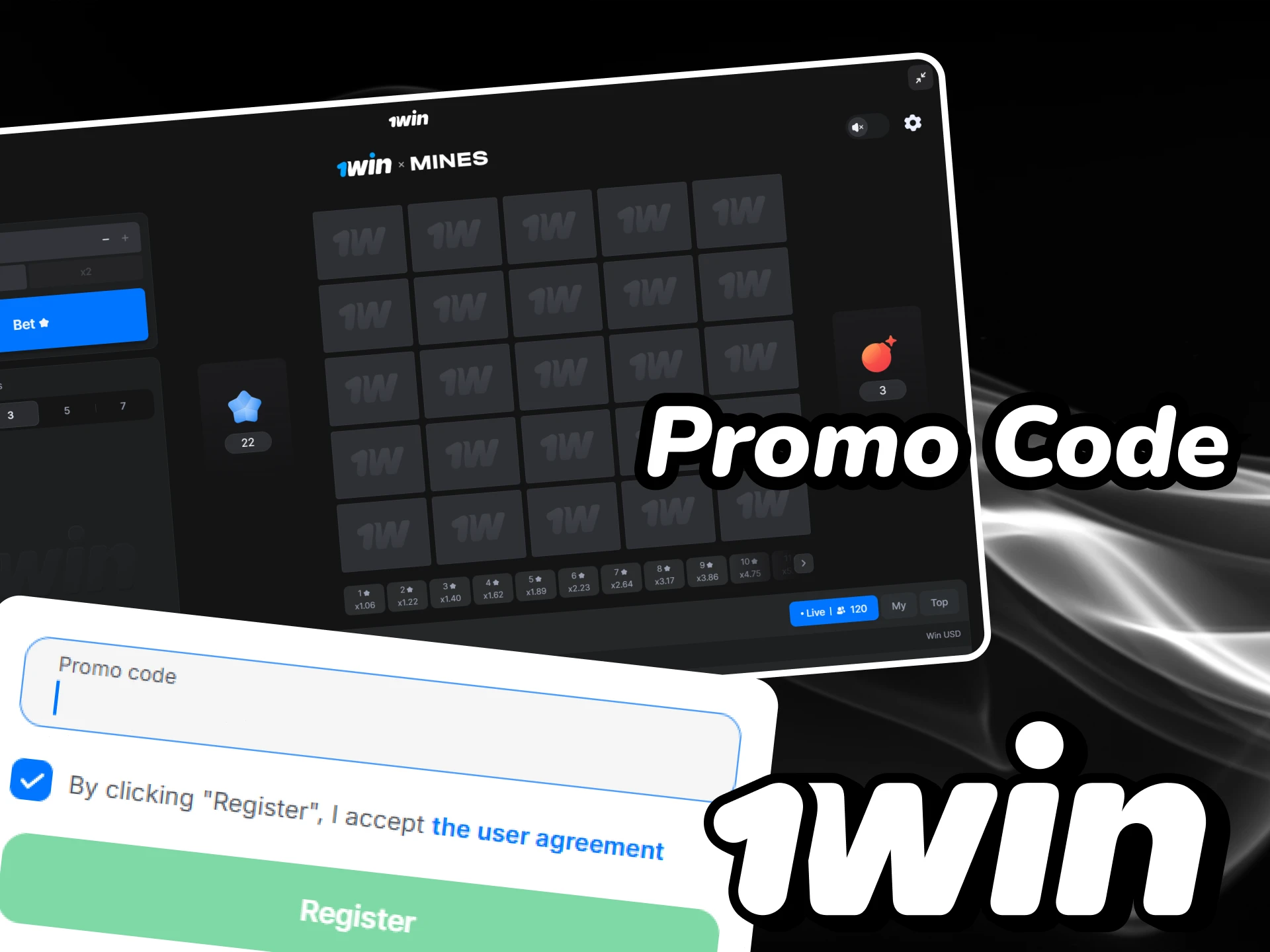 Enter the promo code to receive a bonus for 1win Mines.