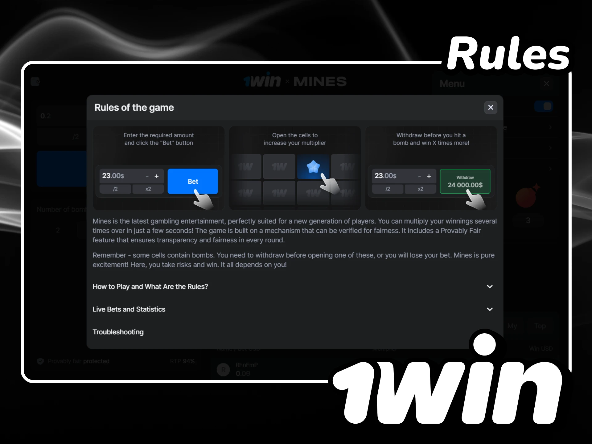 Read the rules of the game Mines at 1win.