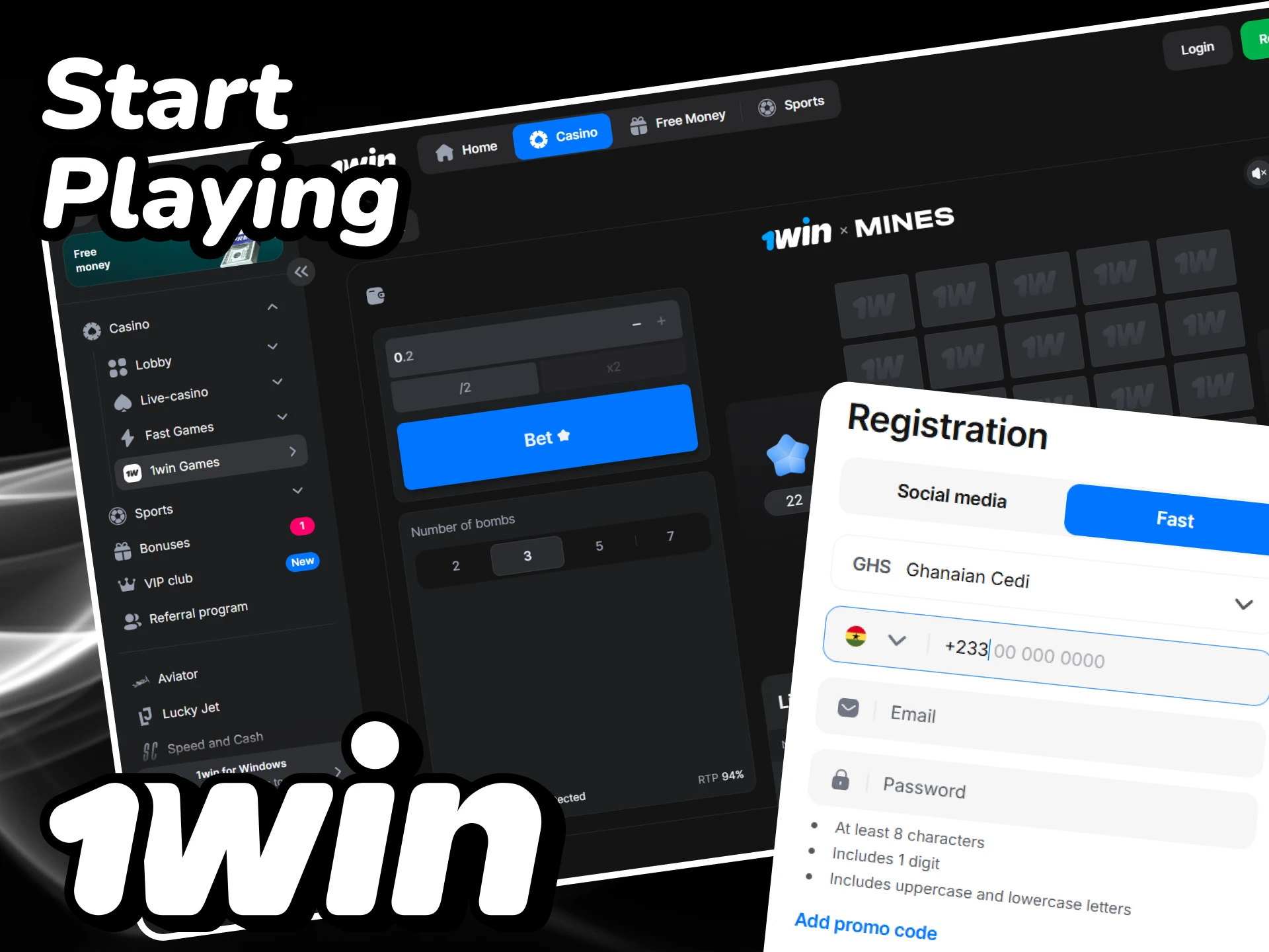 Create a 1win account and start playing the game Mines.