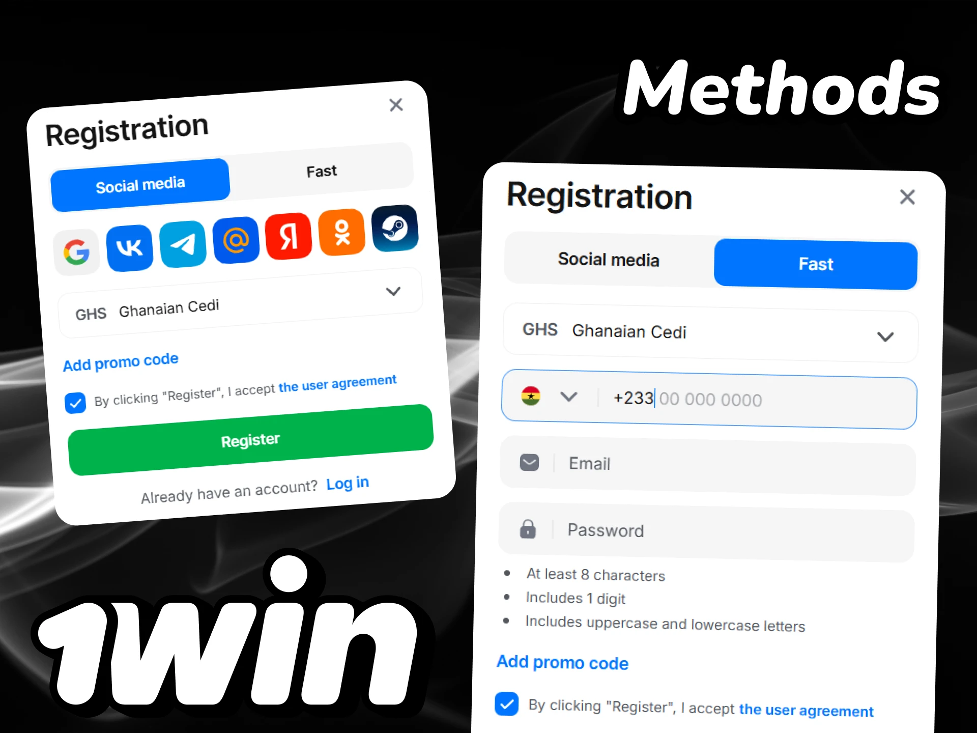 You can register via social media or choose quick registration at 1win.