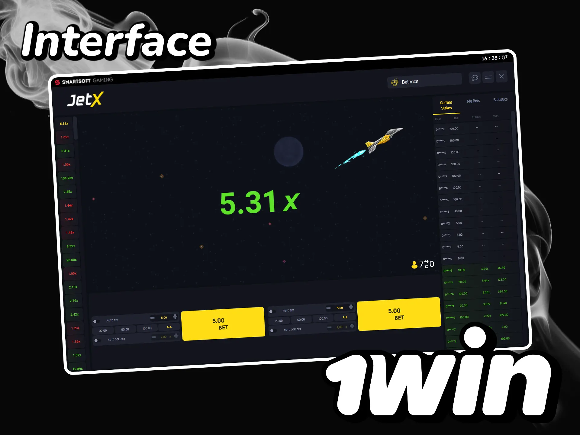 Open the simple JetX interface at 1win.