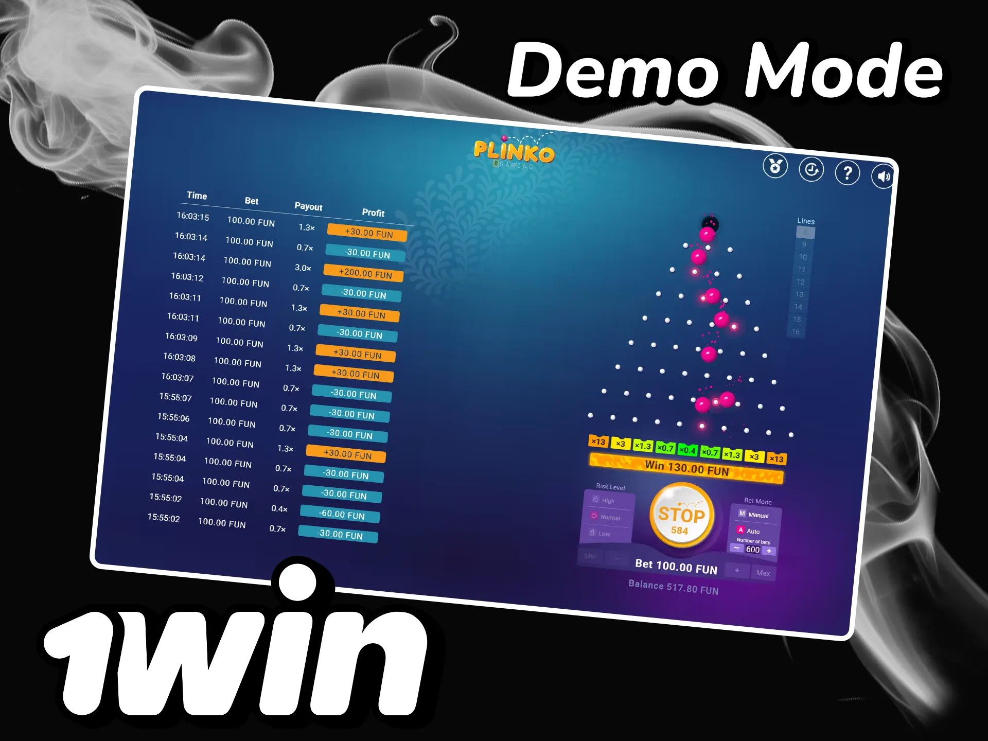 Play Plinko demo mode at 1win and test your luck for free.
